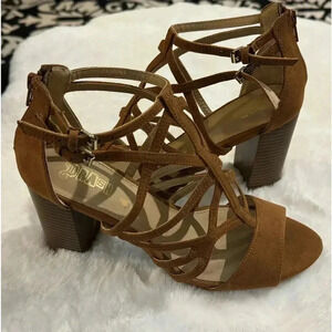Brash Carmel Tan Suede Strappy Block Heel Sandals 8.5 Y2K 2000’s going out shoes